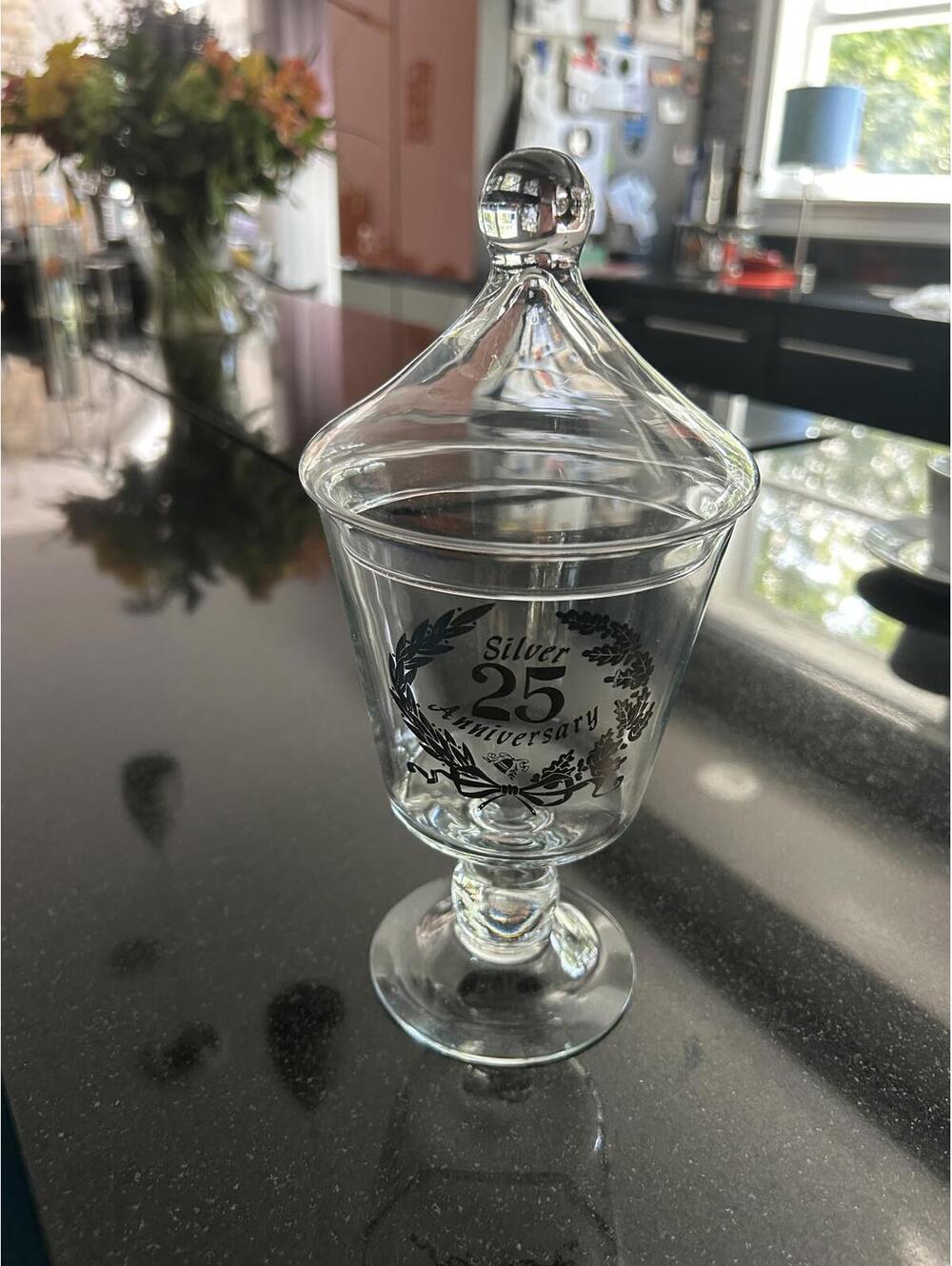 Elegant Silver 25th Anniversary Glass Jar with Lid